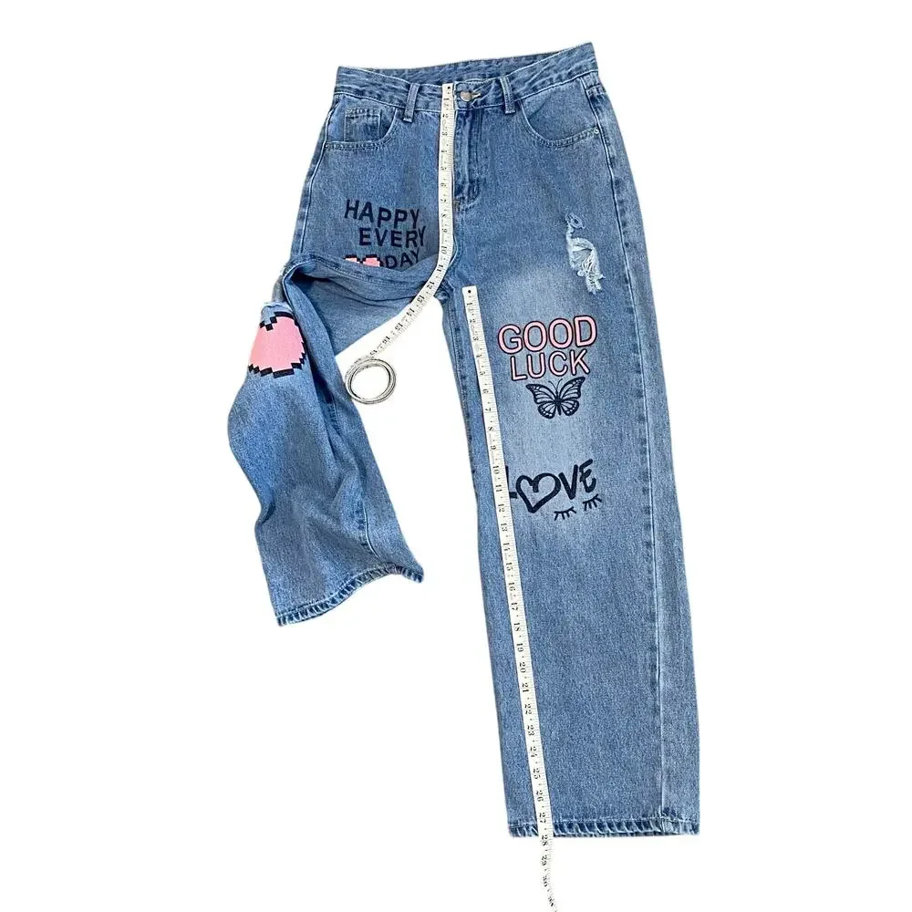 Y2K Coquette Graffiti Jeans Heart Butterfly Distressed Denim Size M Wide Leg - Picture 6 of 8